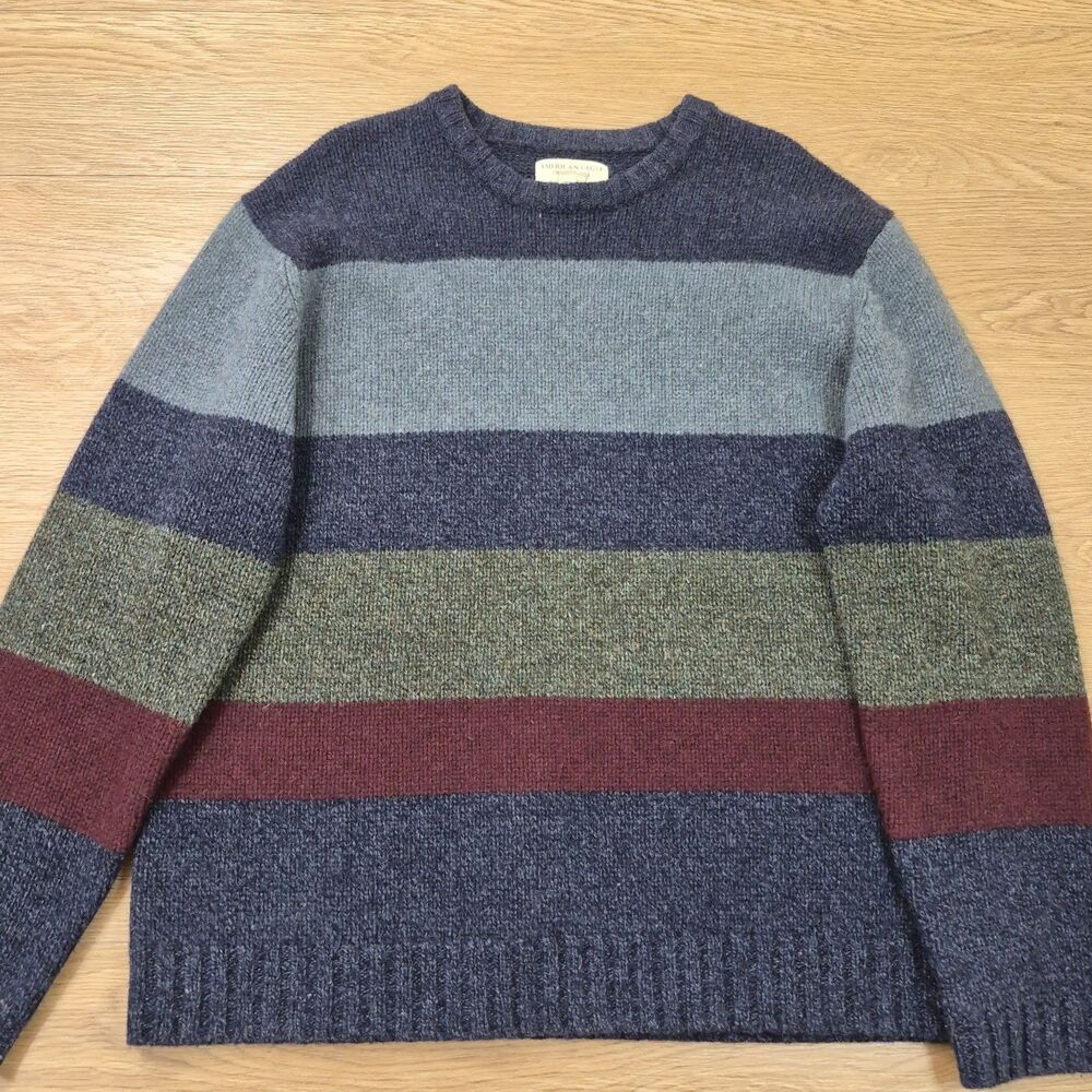 Vtg American Eagle Knit Sweater Mens XL Blue Striped Colorblock 100% Lambswool